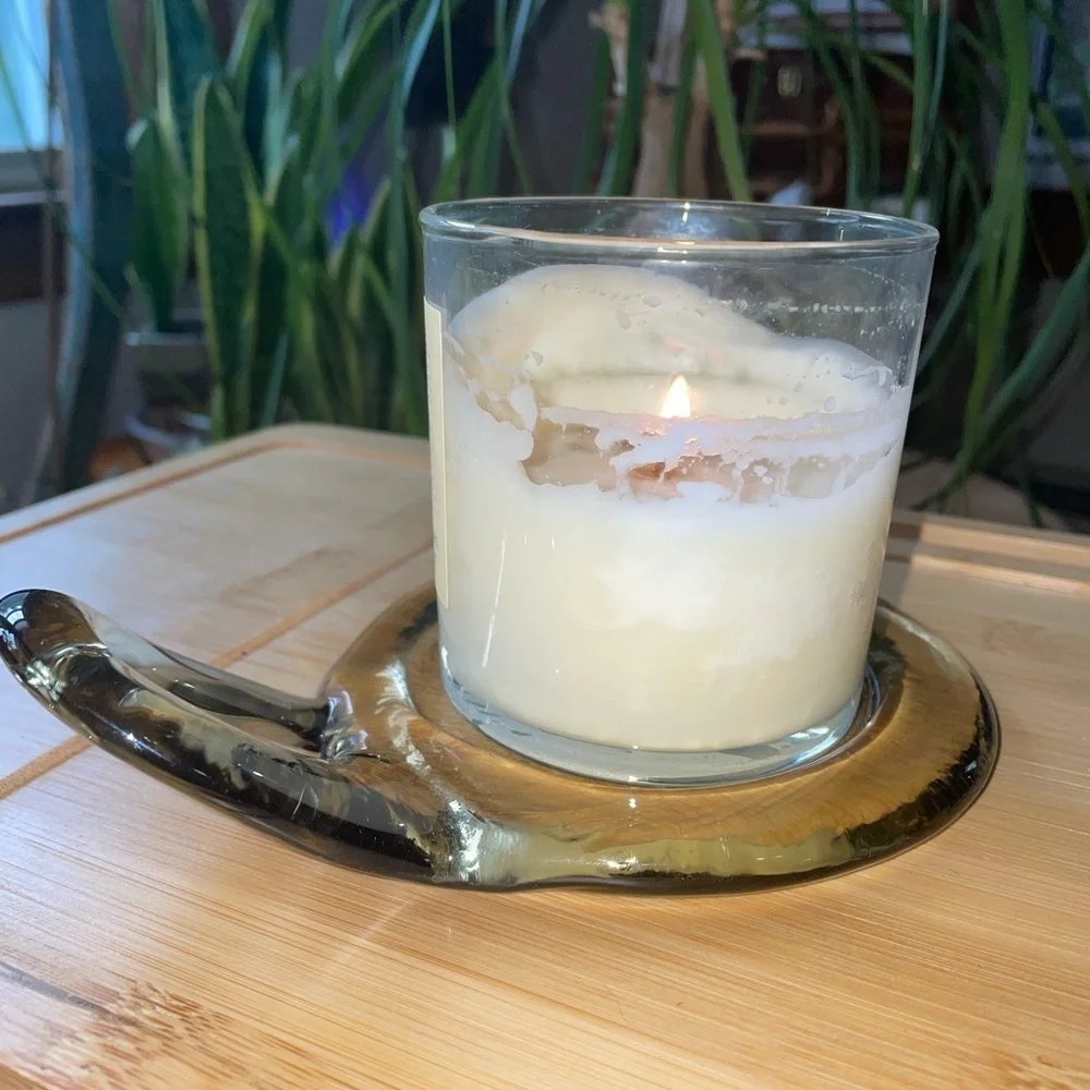 Handmade glass candle plate, light amber color, excellent condition